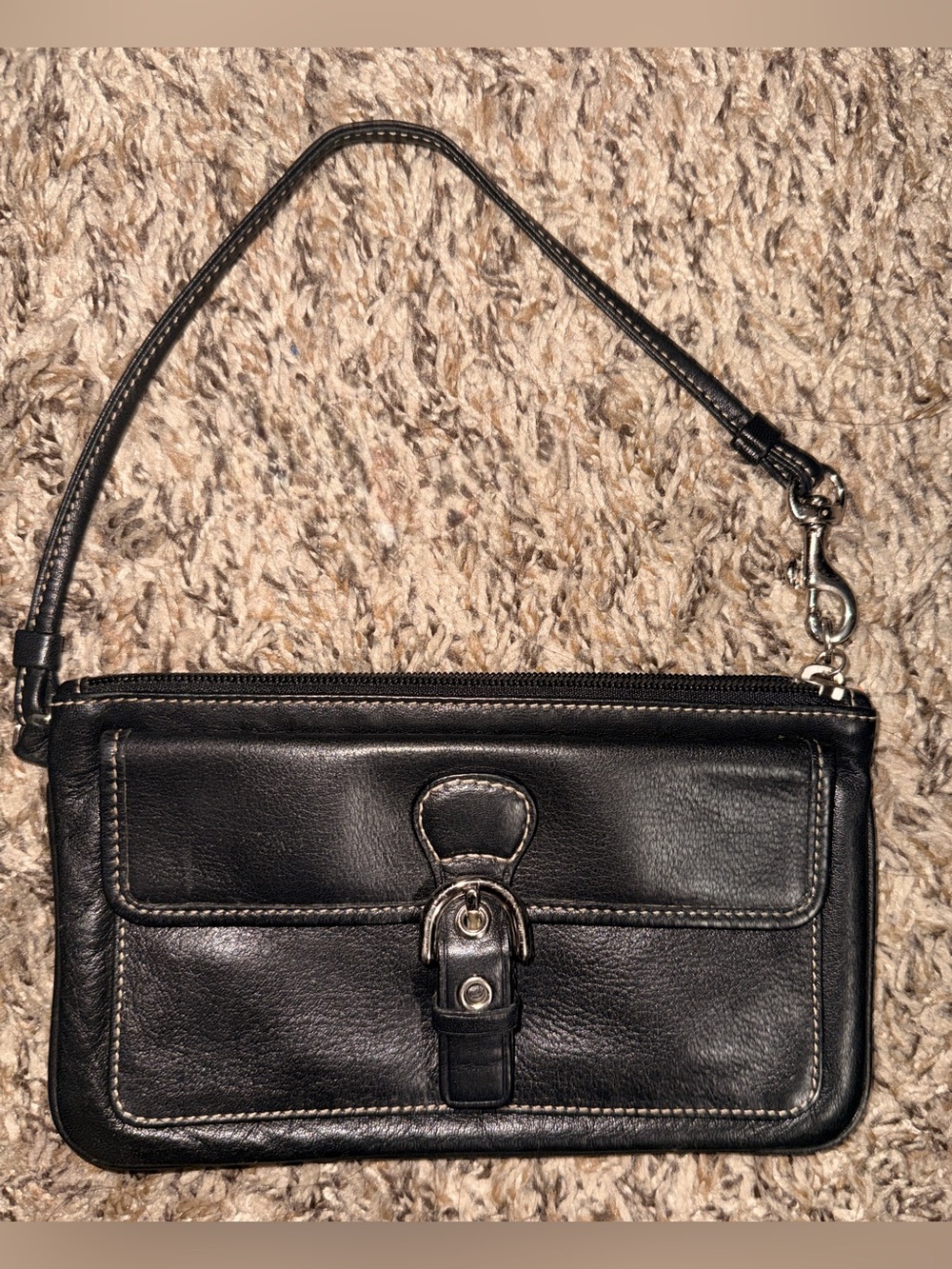 Coach Black Leather Wristlet with Signature Fabric Lining